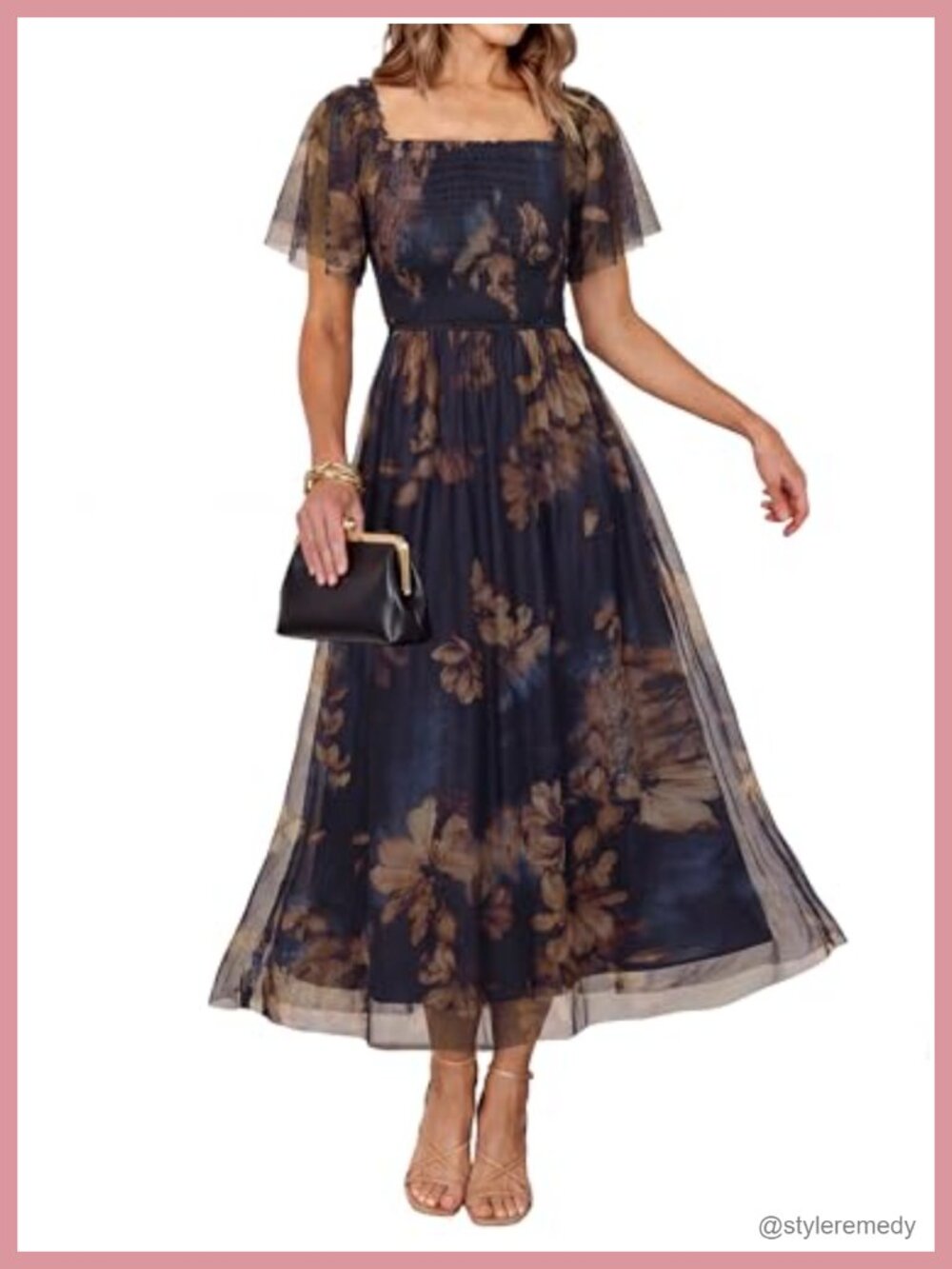 Floral Mesh Maxi Dress Square Neck Smocked Boho Wedding Guest